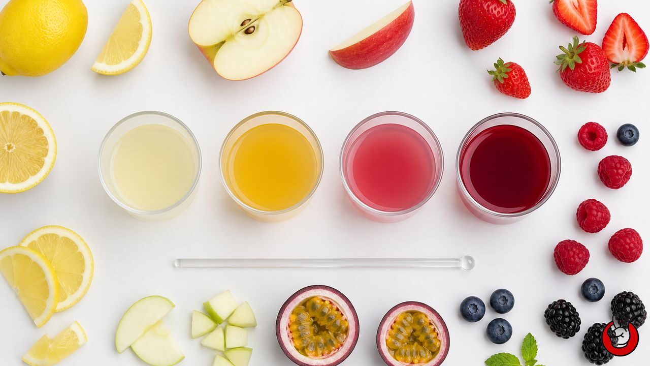 Four fruit beverage samples represent structured testing of acid identity and sensory timing.