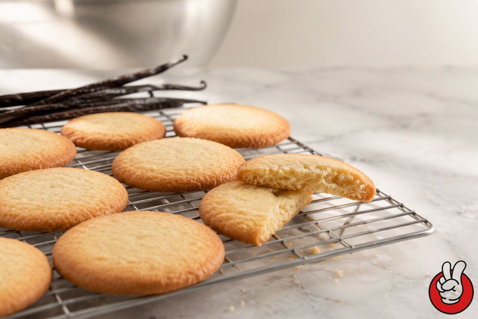 Golden vanilla cookies on a cooling rack with one broken open, illustrating a reduced-sugar cookie recipe that relies on vanilla aroma to support perceived sweetness.