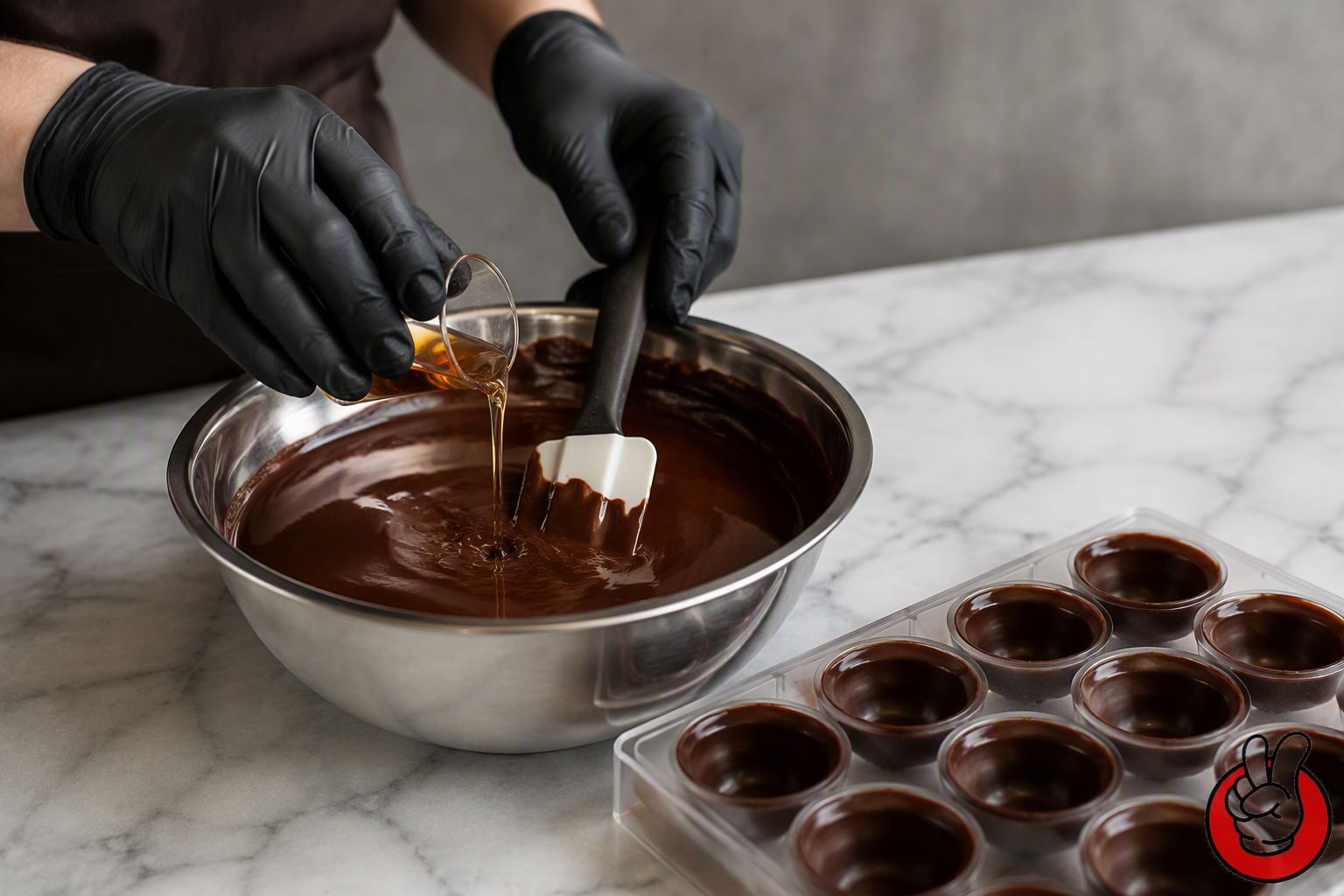 Un chocolatier dosant l'arôme de spiritueux dans une ganache noire sur une plaque de trempe en marbre, illustrant l'étape de remplissage de la production de chocolat spiritueux.