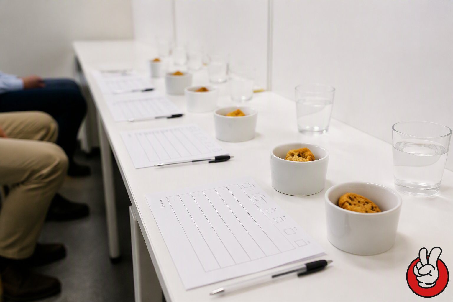 A sensory evaluation booth set up with coded cookie samples and score sheets for measuring sweetness intensity and liking in a reduced-sugar cookie programme.