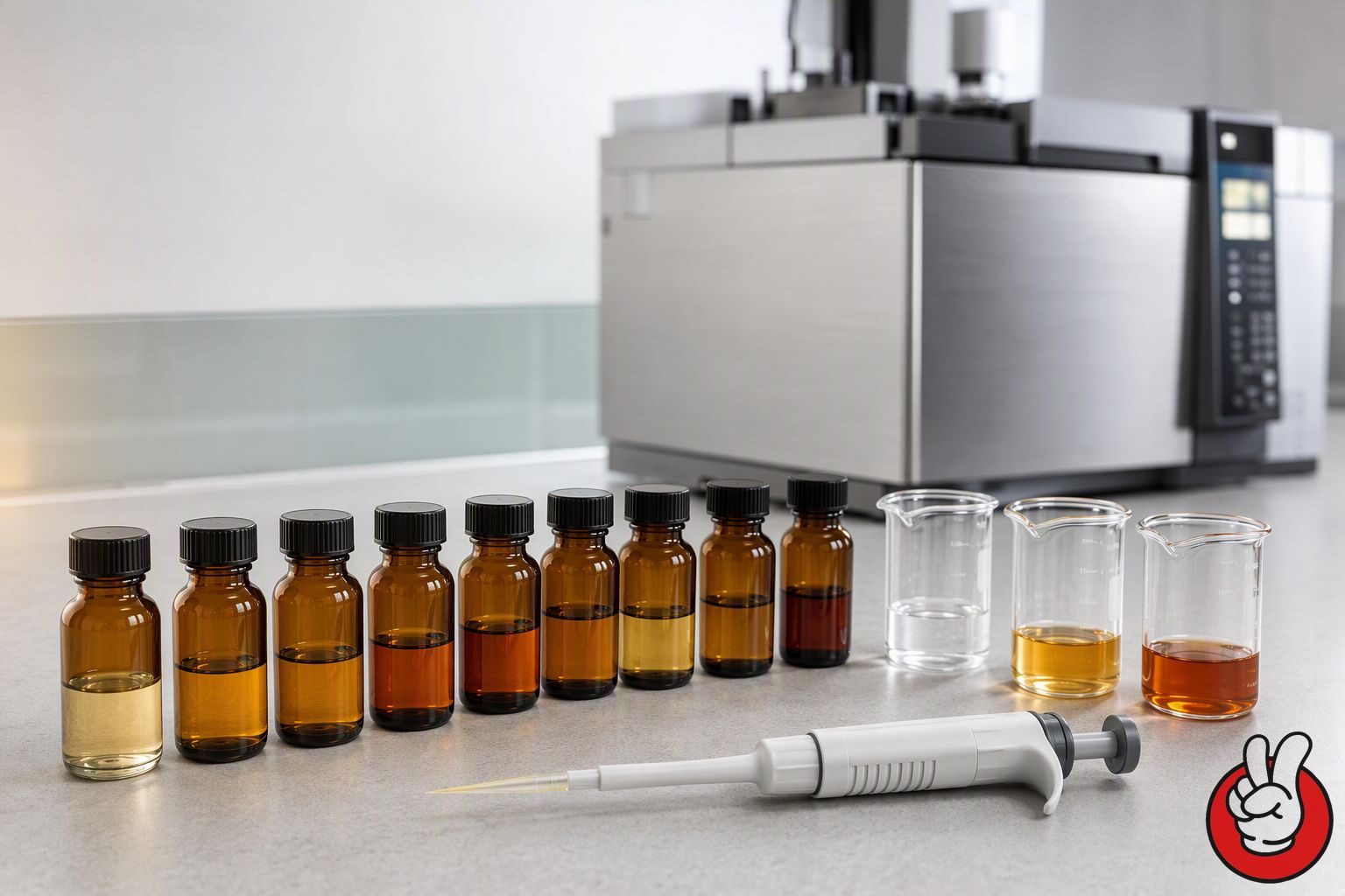 Une paillasse de laboratoire d'arômes avec des concentrés d'arômes de type spiritueux, des micropipettes et un instrument de chromatographie en phase gazeuse de paillasse utilisé pour développer et vérifier les fourrages de chocolat à la liqueur.