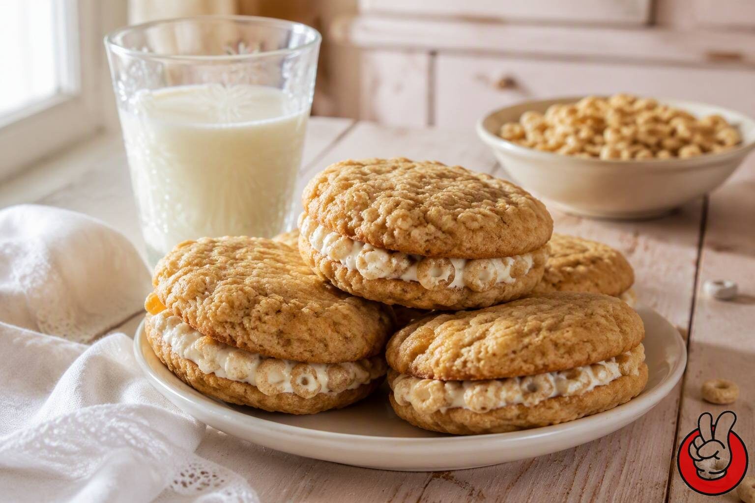 Cereal-milk filled cookies served with a glass of milk, showing how a nostalgic flavor concept is delivered in a finished baked product.