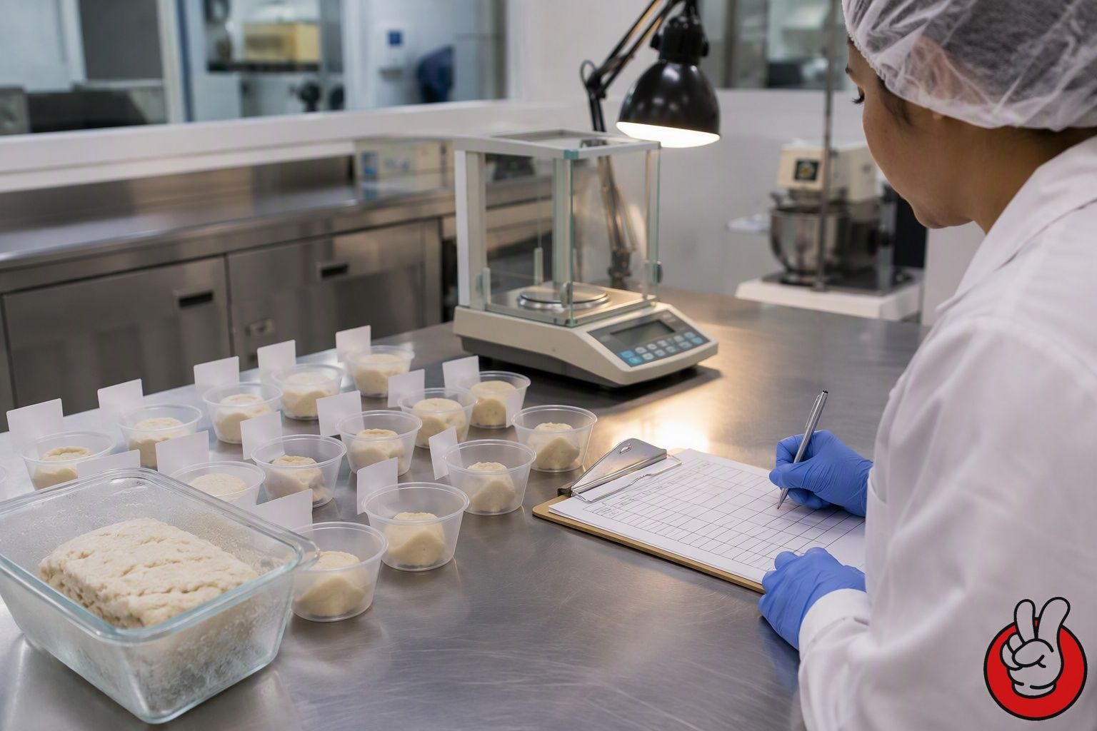 A quality-control bench with thawed dough samples, a frozen reference block and a sensory scoresheet used to verify flavor retention across a frozen shelf life.