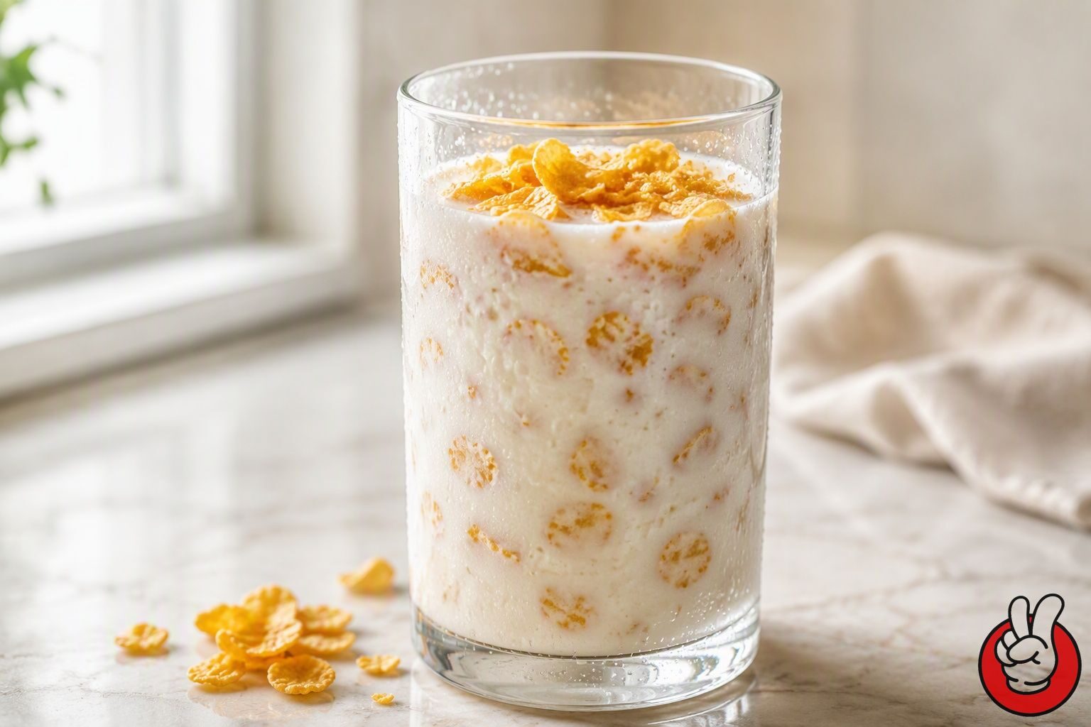 A glass of cold milk with golden toasted cereal, the reference experience behind the cereal milk flavor trend in cookies and cream products.