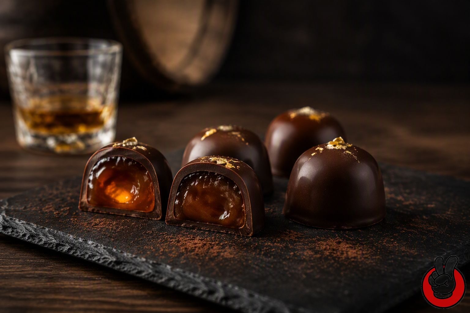 Dark chocolate bonbons cut open to reveal rum, whiskey and cognac ganache centres, used as a visual reference for spirit-filled confectionery development.