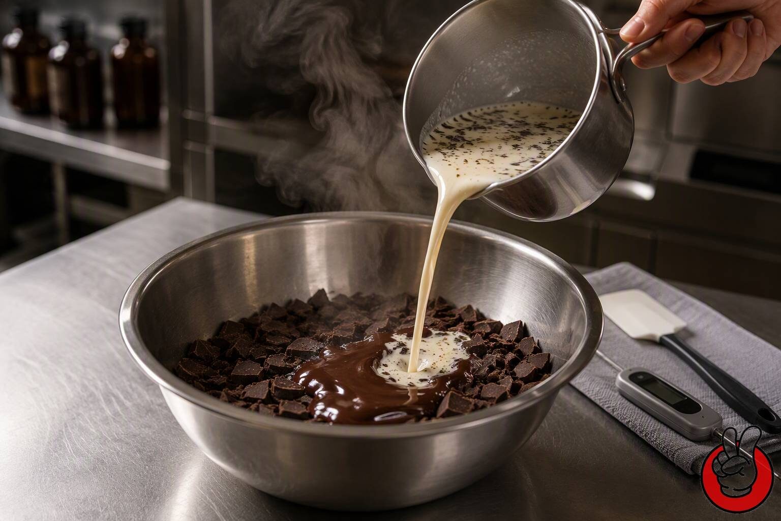 A bench view of warm botanical cream being poured into chopped dark couverture, showing infusion temperature control and emulsion formation.
