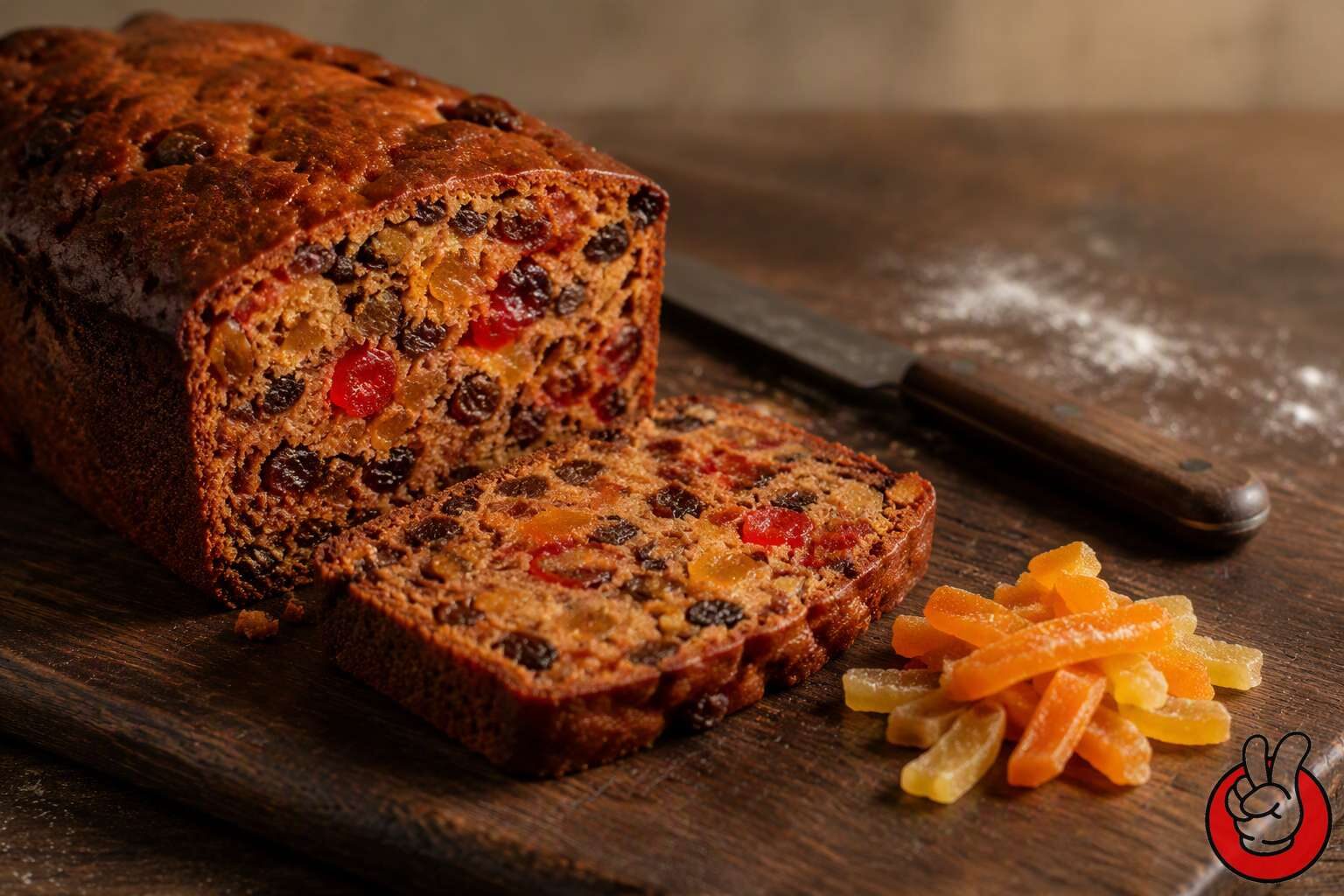A sliced fruitcake showing candied citrus peel and glace fruit in the crumb, with loose peel arranged beside the slice for comparison.