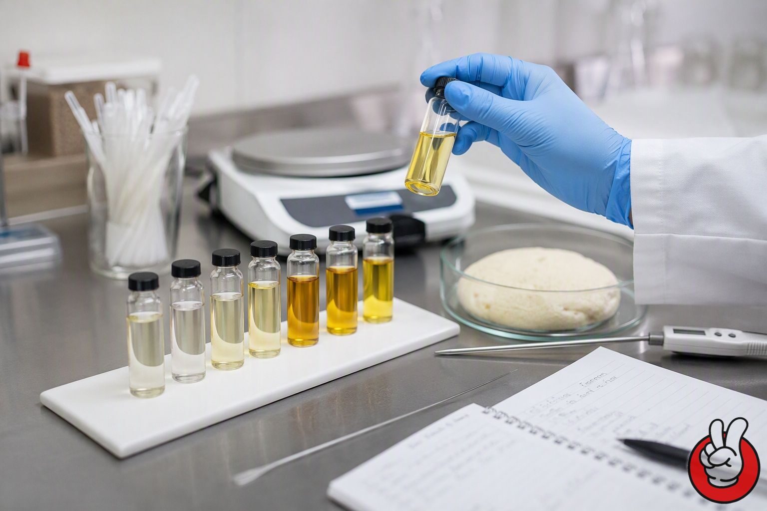 A flavor laboratory bench with vials of liquid flavor and dough samples, used to compare how different flavor formats retain aroma in frozen dough.