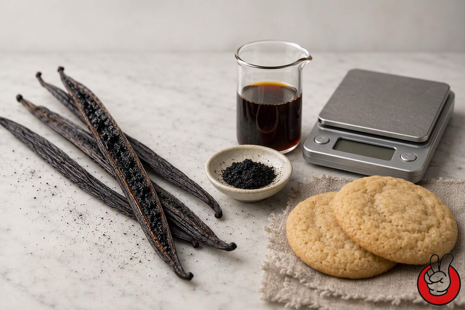 Split vanilla pods, extract and vanilla seed alongside plain cookies, showing the ingredient formats used to support sweetness perception in reduced-sugar recipes.