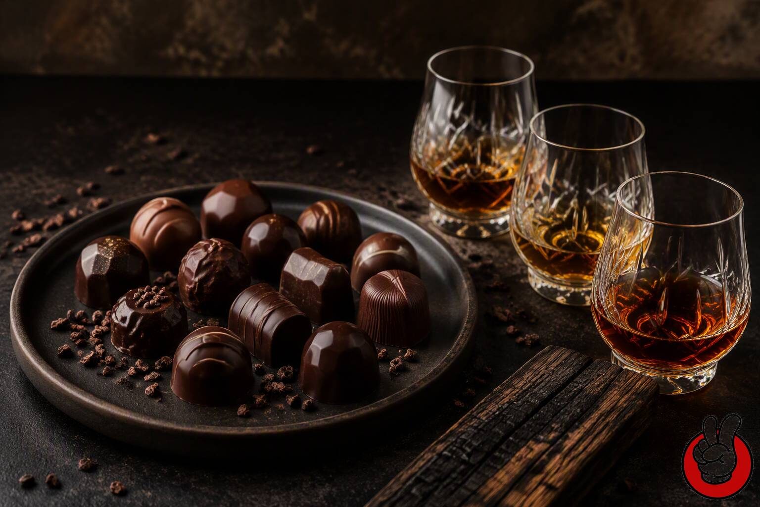 A plate of chocolate pralines beside small measures of dark rum, amber whiskey and cognac, illustrating the flavour pairing logic behind spirit-filled chocolate ranges.